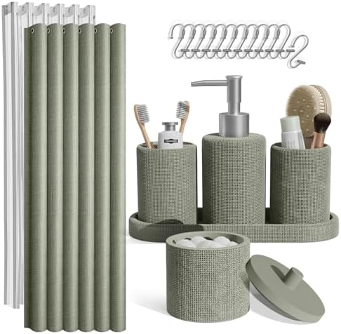 Clara Clark Sage Green Bathroom Set - Bathroom Accessories Set, 19PC Bathroom Accessory Set, Bathroom Sets with Shower Curtain Set, Soap Dispenser & Toothbrush Holder