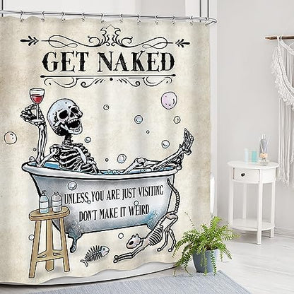 Halloween Funny Skull Skeleton Shower Curtain 60Wx72H Gothic Spooky Unique Cool Bone in Bathtub Bubbles Horror Cat Fish Retro Scary Bathroom Decor Bath Curtain Fabric Polyester 12 Pack Hooks