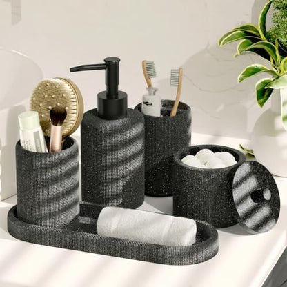 Clara Clark Bathroom Set - Coal Black Bathroom Accessories Set, 5PC Bathroom Accessory Set, Bathroom Sets with Soap Dispenser, Toothbrush Holder, Tumbler, Cotton Swab Jar & Vanity Tray