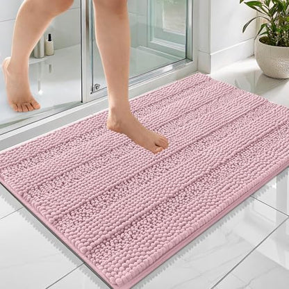 OLANLY Thick Bathroom Rugs 36x24, Chenille Striped Bath Rugs, Dusty Rose