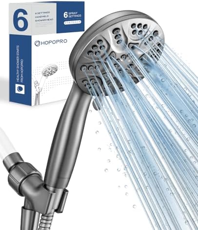 6-Mode High Pressure Handheld Shower Head Set, Consumer Reports Recommended HOPOPRO High Flow Hand Held Showerhead with 59 Inch Hose Bracket Teflon Tape Rubber Washers