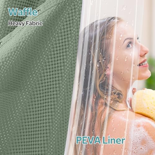 Vipfree 3 in 1 Shower Curtain Set, Waffle Shower Curtain and Liner Set with 6 Double Sided Shower Curtain Hooks, 258GSM Luxury Weighted Cloth Shower Curtain for Shower Stall, 36 W x 72 H, Sage Green