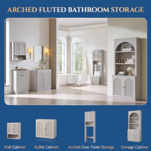 Bathroom Fluted Arched Wall Cabinet, 23.6''W Medicine Cabinet, Light Grey