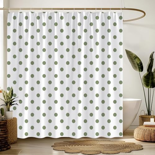 Polka Dot Shower Curtain Sage Green White Retro Spot Vintage Fabric Decorative Bathroom Curtains with Hooks,70" Wx75 H