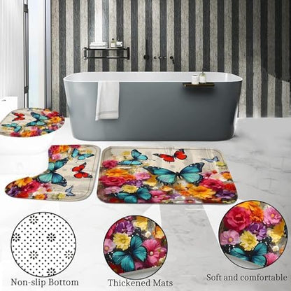 Chrainy 4pcs Flower Butterflies Shower Cutain Set Bathroom Decor with Rugs