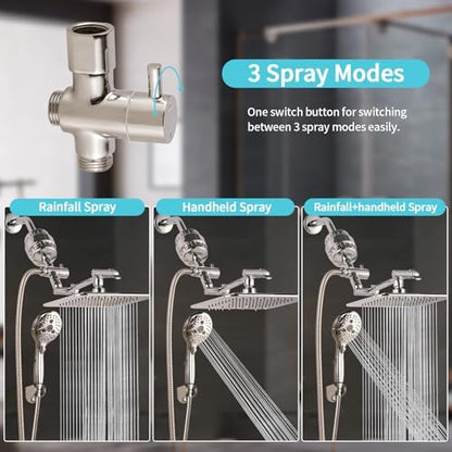 10'' Dual 20 Stage Filtered Shower Head with Handheld, 6 Spray Settings Handheld Shower Head High Pressure Rainfall Filter Combo with 12'' Adjustable Extension Arm, 71'' Shower Hose (Brushed Nickel)
