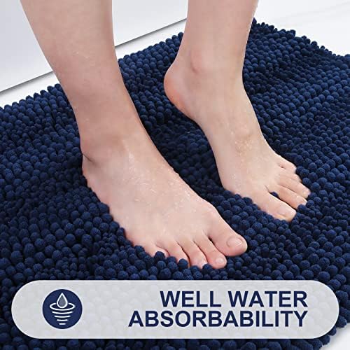 Grandaily Chenille Striped Bathroom Rugs 24x16, Extra Thick and Absorbent Bath Mats, Non-Slip Soft Plush Shaggy Shower Carpet, Machine Wash Dry, Bath Rug for Bathroom, (Small, Navy)