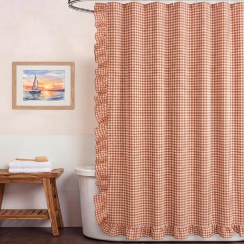 HunnmingRe Ruffled Gingham Shower Curtain Orange