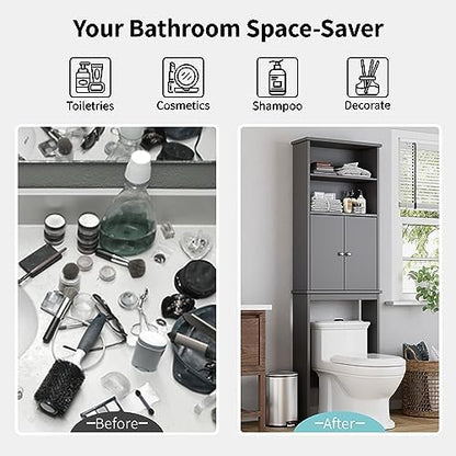 Shintenchi Over The Toilet Storage Cabinet, Bathroom Above The Toilet Rack, Bathroom Adjustable Shelf Organizer with Open Bottom Bar and Anti-Tip Device, Gray