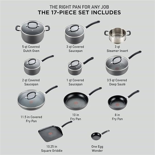 T-Fal Ultimate Hard Anodized Nonstick Pots and Pans Set 17 Piece, Nonstick Cookware Set with Fry Pan, Saucepans, Saute-Pan, Griddle, Dishwasher Safe, Onyx