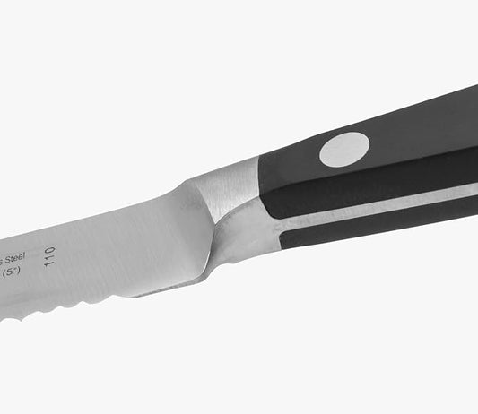 Arcos Forged Tomato Knife Serrated 5 Inch Stainless Steel. Ergonomic Polypropylene POM Handle & Special Silk Blade 130 mm. Series Manhattan. Blue Color. Impress and Amaze with Every Cut