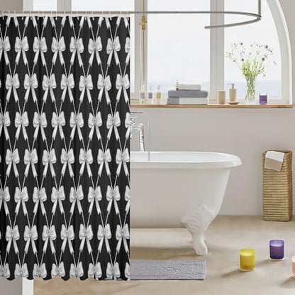 jejeloiu Cute Bow Bathroom Accessories 72"x72" Gray Black Bowknot Shower Curtain for Bathroom Decor Kawaii Girls Bath Curtain Waterproof Polyester Fabric with 12 Hooks for Stalls Bathtubs Princess