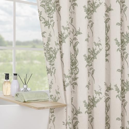 Sage Linen Farmhouse Shower Curtain, Boho Floral Bathroom 72x84