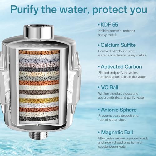 8'' Dual 20 Stage Filtered Shower Head with Handheld, 6 Spray Settings Handheld Shower Head High Pressure Rainfall Filter Combo with 12'' Adjustable Extension Arm, 71'' Shower Hose (Chrome Polished)