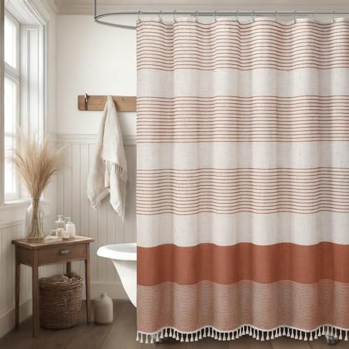 Coral Boho Linen Striped Shower Curtain with Tassel 72" W X 72" L