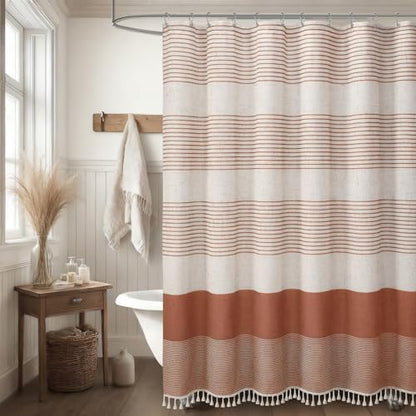 Coral Boho Linen Striped Shower Curtain with Tassel 72" W X 72" L