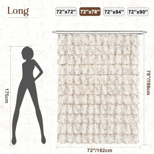 Long Farmhouse Floral Shower Curtain, Ruffle Bathroom Curtains, 72"Wx78"L
