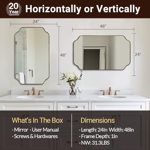ANDY STAR 24"x48" Large Bathroom Mirror, Brushed Gold Rectangle Mirror, Scalloped Mirror for Bathroom in Anti-Rust Stainless Steel Metal Frame 1" Deep, Hangs Vertically/Horizontally