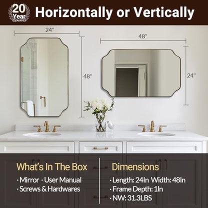 ANDY STAR 24"x48" Large Bathroom Mirror, Brushed Gold Rectangle Mirror, Scalloped Mirror for Bathroom in Anti-Rust Stainless Steel Metal Frame 1" Deep, Hangs Vertically/Horizontally