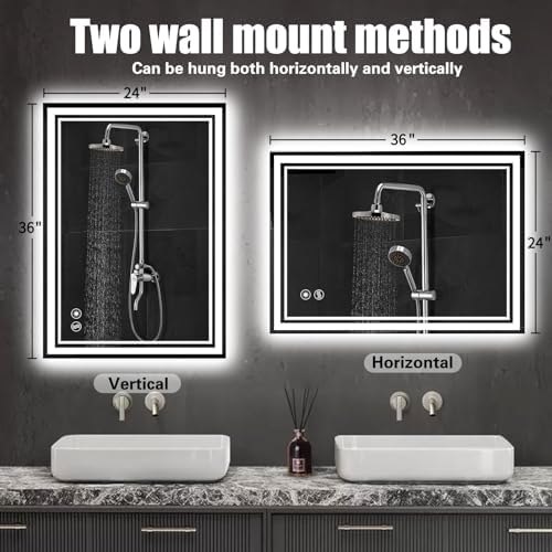 24“ x 36” Bathroom Mirror with LED Lights, Anti-Fog, Dimmable 3 Colors
