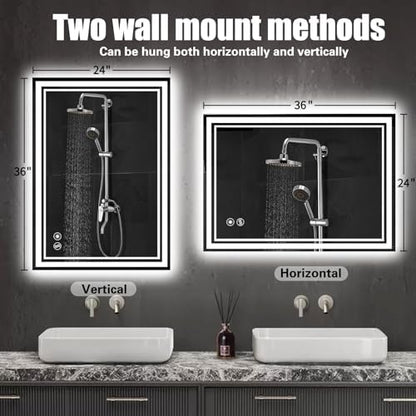 24“ x 36” Bathroom Mirror with LED Lights, Anti-Fog, Dimmable 3 Colors