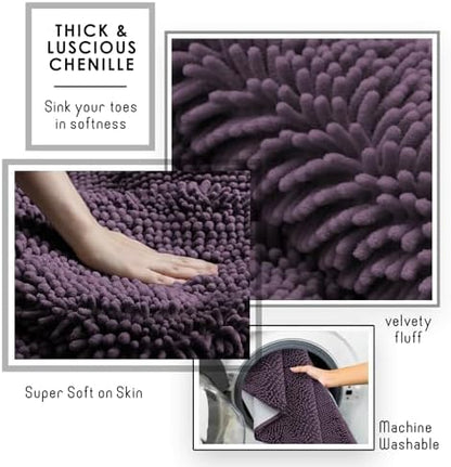 Hearth & Harbor Bathroom Rugs, Chenille Bath Mat - Machine Washable Bath Mats for Bathroom Non-Slip Backing Rubber, Quick Dry Mat - Purple Bath Rug, 17x24-20x32-20x24