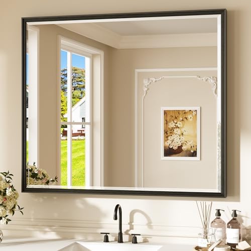 Keonjinn 42" x 36" Black Bathroom Vanity Mirror, Aluminum Alloy Frame