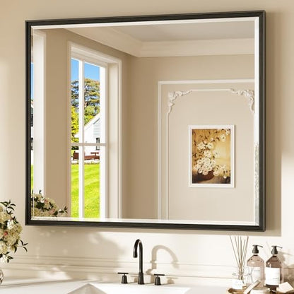 Keonjinn 42" x 36" Black Bathroom Vanity Mirror, Aluminum Alloy Frame