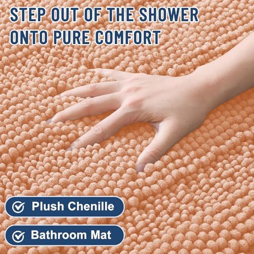 Grandaily Chenille Striped Bathroom Rugs 36x24, Extra Thick and Soft Absorbent Bath Mats, Rubber Backing, Plush Shaggy Shower Carpet, Machine Wash Dry, Bath Rug for Bathroom, Peach