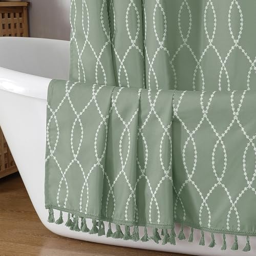 OVZME Sage Green Shower Curtain for Bathroom, Puff Printed Textured Shower Curtain with Tassels, Rustic Geometry Heavy Duty Vintage Country Bathroom Curtain, Water Resistant Fabric, 72Wx72L Inches