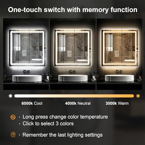 LED Bathroom Mirror with Lights, 30 x 30 Lighted Vanity Wall Mirror