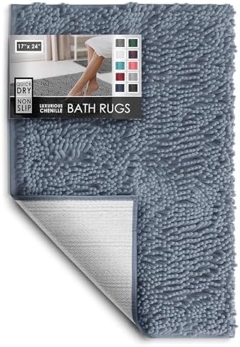 Hearth & Harbor Bathroom Rugs, Chenille Bath Mat - Machine Washable Bath Mats for Bathroom Non-Slip Backing Rubber, Quick Dry Bathroom Mat, 17 x 24 - Stone Blue