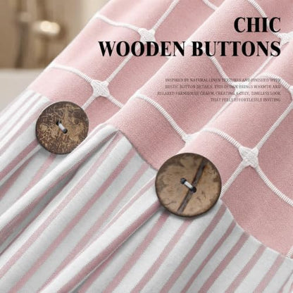 Farmhouse Shower Curtain Button Plaid-Pink-Pink Stripe 72"W x 72"L