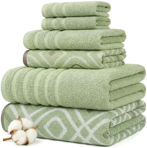 Modern Threads 6 Piece Bath Towel Set – Bathroom Set with 2 Bath Towels, 2 Hand Towels, and 2 Wash Cloths – 100% Cotton, Super Absorbent & Extra Soft – Reversible Classic Diamond (Sage Green)