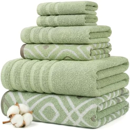 Modern Threads 6 Piece Bath Towel Set – Bathroom Set with 2 Bath Towels, 2 Hand Towels, and 2 Wash Cloths – 100% Cotton, Super Absorbent & Extra Soft – Reversible Classic Diamond (Sage Green)