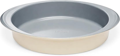 9 Inch Nonstick Round Cake Pan with Handle, Ceramic Coating PFOA PFAS PTFE Free, Aluminized Steel, Oven Safe 550°F, Dishwasher Safe, For Layer Cakes Cheesecakes and Brownies (Sunshine Cream)