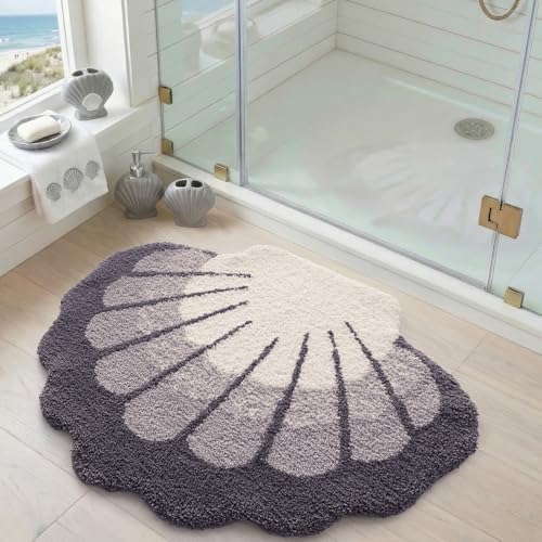 DEXI Cute Seashell Bath Mat, Coastal Scallop Bathroom Rug, 38x30 Grey