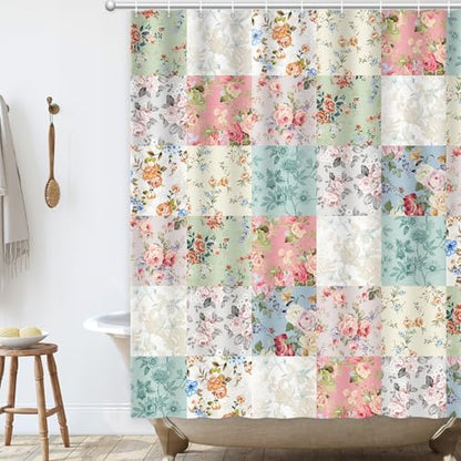 Boho Shower Curtain Patchwork Floral, Vintage Flowers Shower Curtain for Bathroom, Retro Shabby Chic Cottagecore Floral Shower Curtains Polyester Waterproof Farmhouse Decor Bath Curtains
