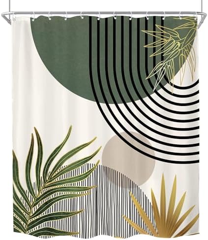 KOMLLEX Mid Century Green Boho Abstract Modern Bathroom Shower Curtain Set