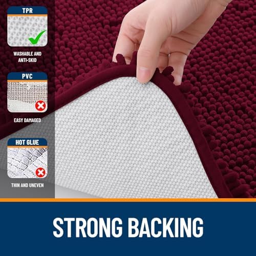 OLANLY Chenille Bathroom Rugs Mats Sets 2 Piece, 36"x24"+24"x20", Burgundy