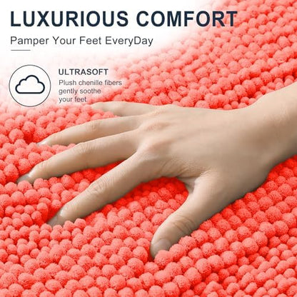 Smiry Thick Chenille Bathroom Runner Rugs 47x17, Absorbent Bath Mat, Coral