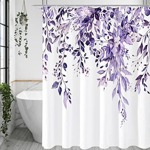 Gibelle Purple Eucalyptus Shower Curtain, Watercolor Floral Print, 72x78