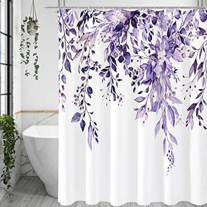Gibelle Purple Eucalyptus Shower Curtain, Watercolor Floral Print, 72x78