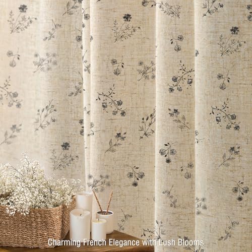 Black Floral Farmhouse Vintage Linen Shower Curtain French Country 72Wx78H