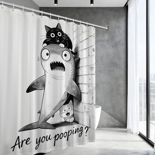 Extra Tall Shower Curtain XL Fun Black Cat Riding Shark, 70 x 96 in