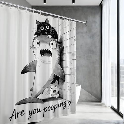 Extra Tall Shower Curtain XL Fun Black Cat Riding Shark, 70 x 96 in