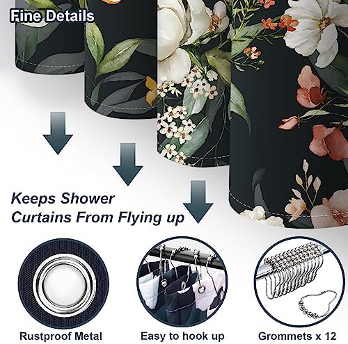 Amaredom Black Floral Shower Curtain with 12 Metal Hooks, 72x72 Inches