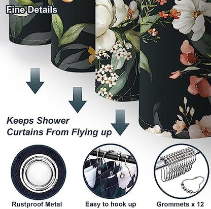 Amaredom Black Floral Shower Curtain with 12 Metal Hooks, 72x72 Inches