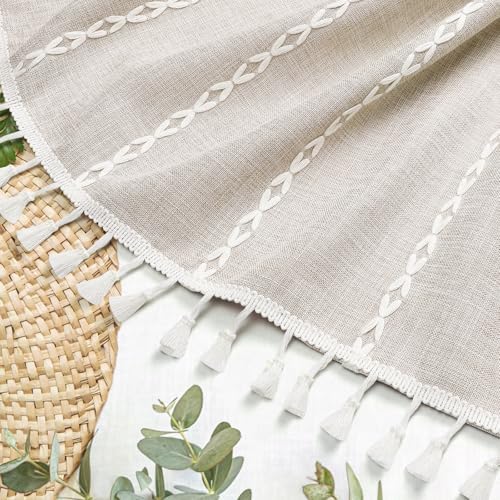 MitoVilla Boho Tassel Linen Shower Curtain,3D Embroidery Stripe Cream,72x84