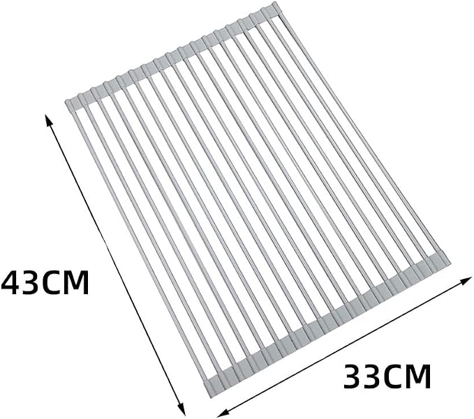 Roll Up Dish Drying Rack Over The Sink.Foldable Kitchen Drainer,Fully Silicone Cover Stainless Steel Bar,Heat-Resistant, Anti-Slip Sink Rack for Kitchen Counter Multipurpose.